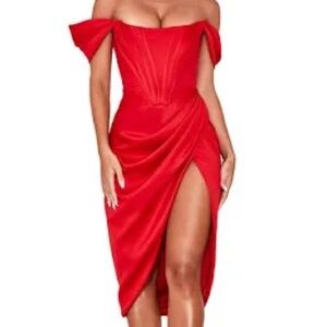 NWT House of CB Loretta Off the Shoulder Satin Corset Dress